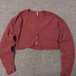 Free People Burgundy Cropped V-Neck‎ Button Front Cardigan Sweater XS cute v3